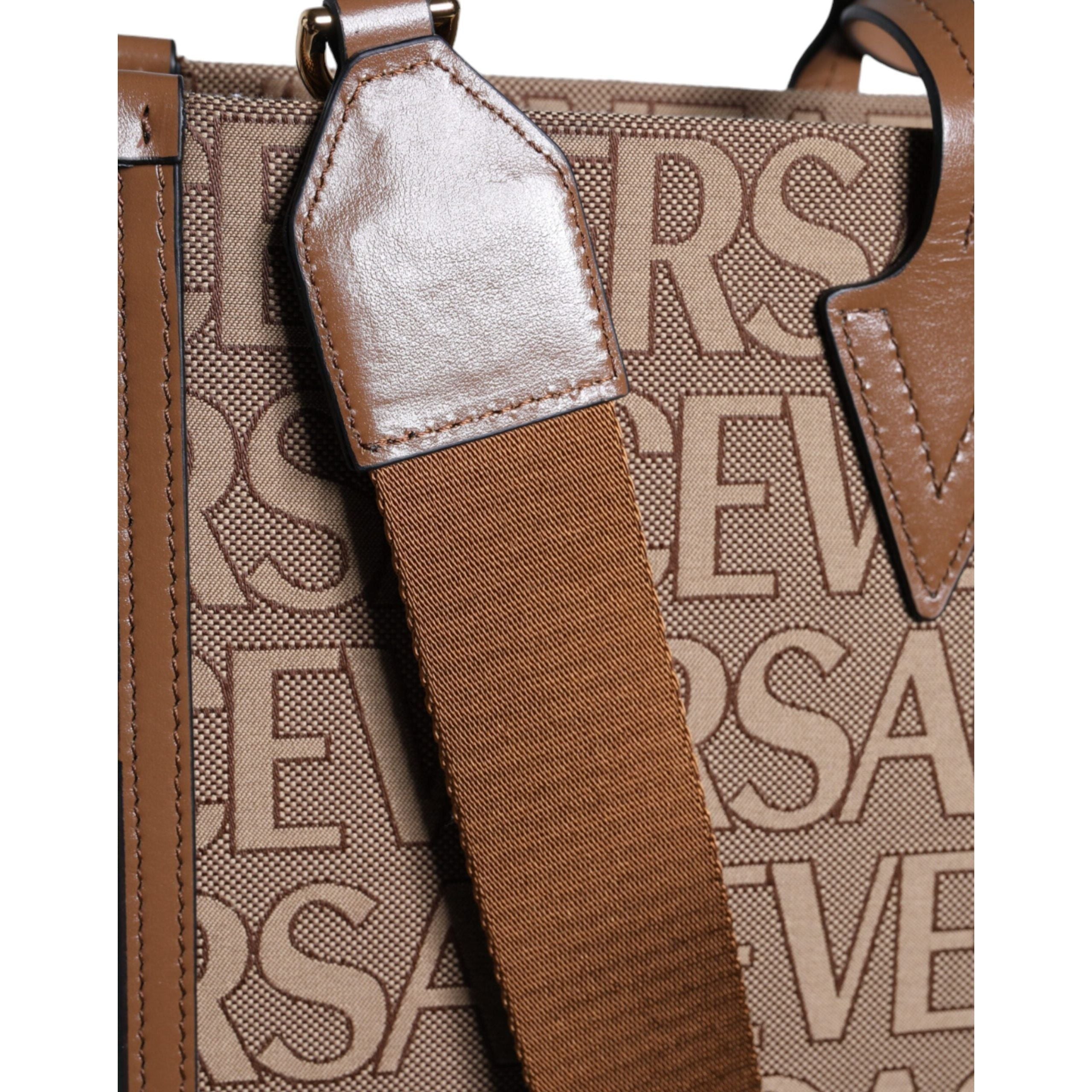 Versace Brown Top Handle Jacquard Leather Logo Crossbody Tote Bag