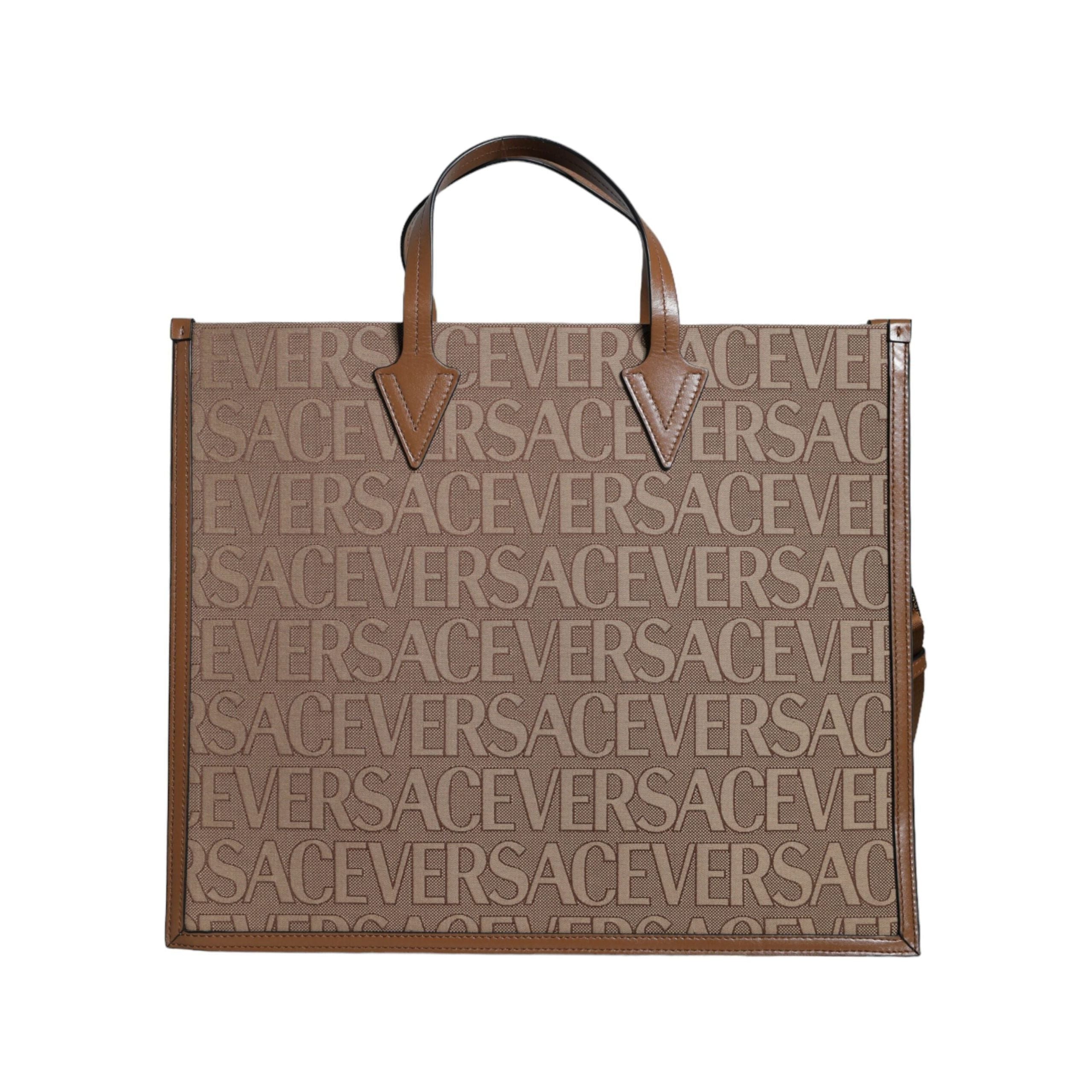 Versace Brown Top Handle Jacquard Leather Logo Crossbody Tote Bag