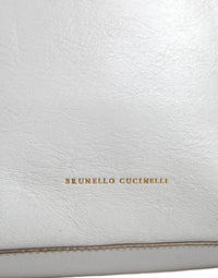 Thumbnail for Luxour, Brunello Cucinelli White Leather Logo Shoulder Strap Shopping Tote Bag, 