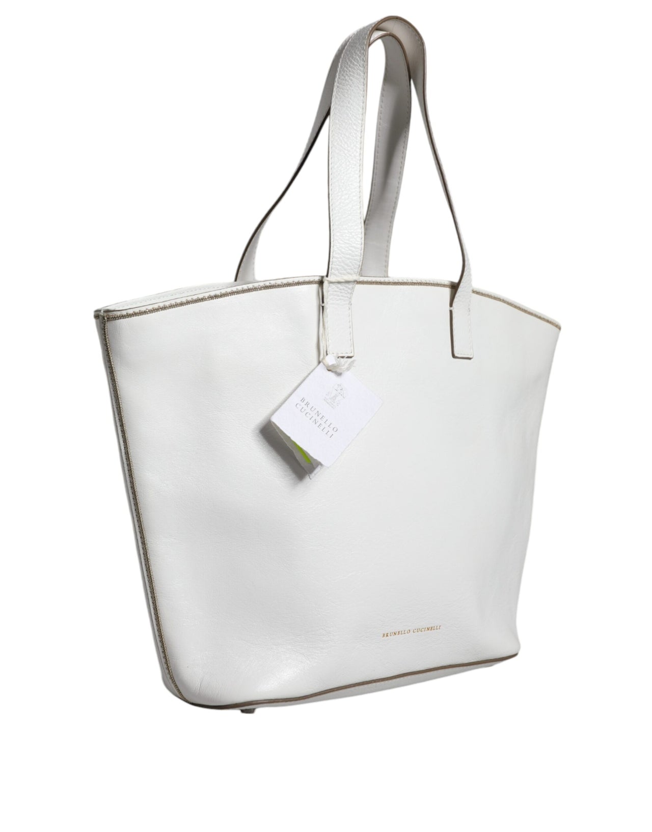 Luxour, Brunello Cucinelli White Leather Logo Shoulder Strap Shopping Tote Bag, 