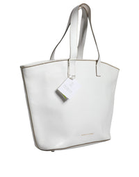 Thumbnail for Luxour, Brunello Cucinelli White Leather Logo Shoulder Strap Shopping Tote Bag, 