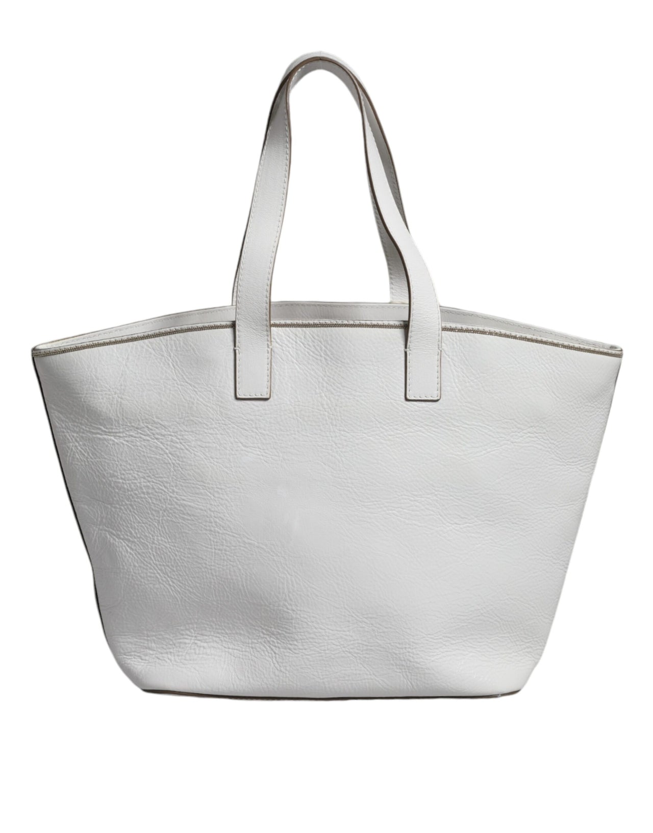 Luxour, Brunello Cucinelli White Leather Logo Shoulder Strap Shopping Tote Bag, 