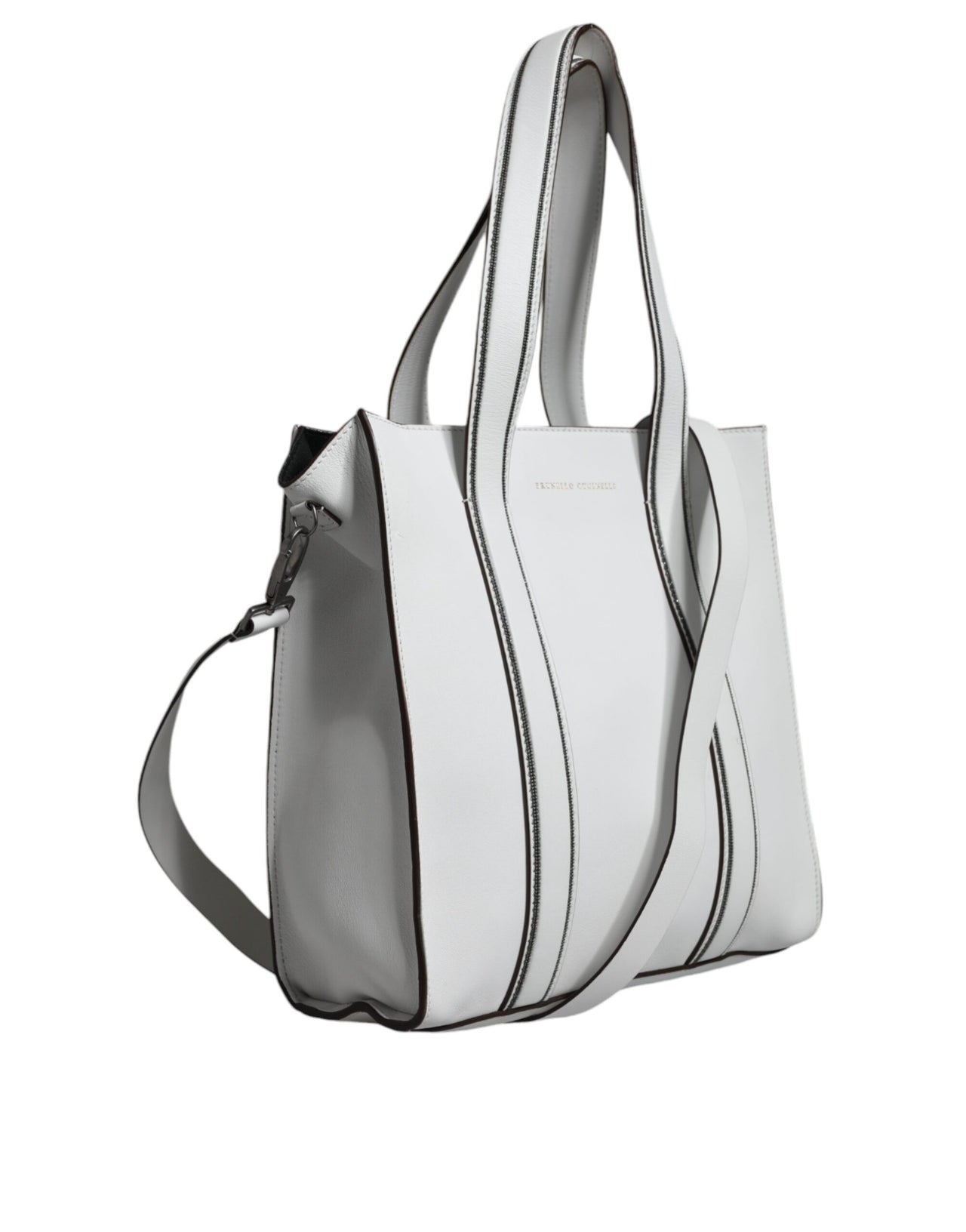 Luxour, Brunello Cucinelli White Leather Logo Shoulder Strap Shopping Tote Bag, 