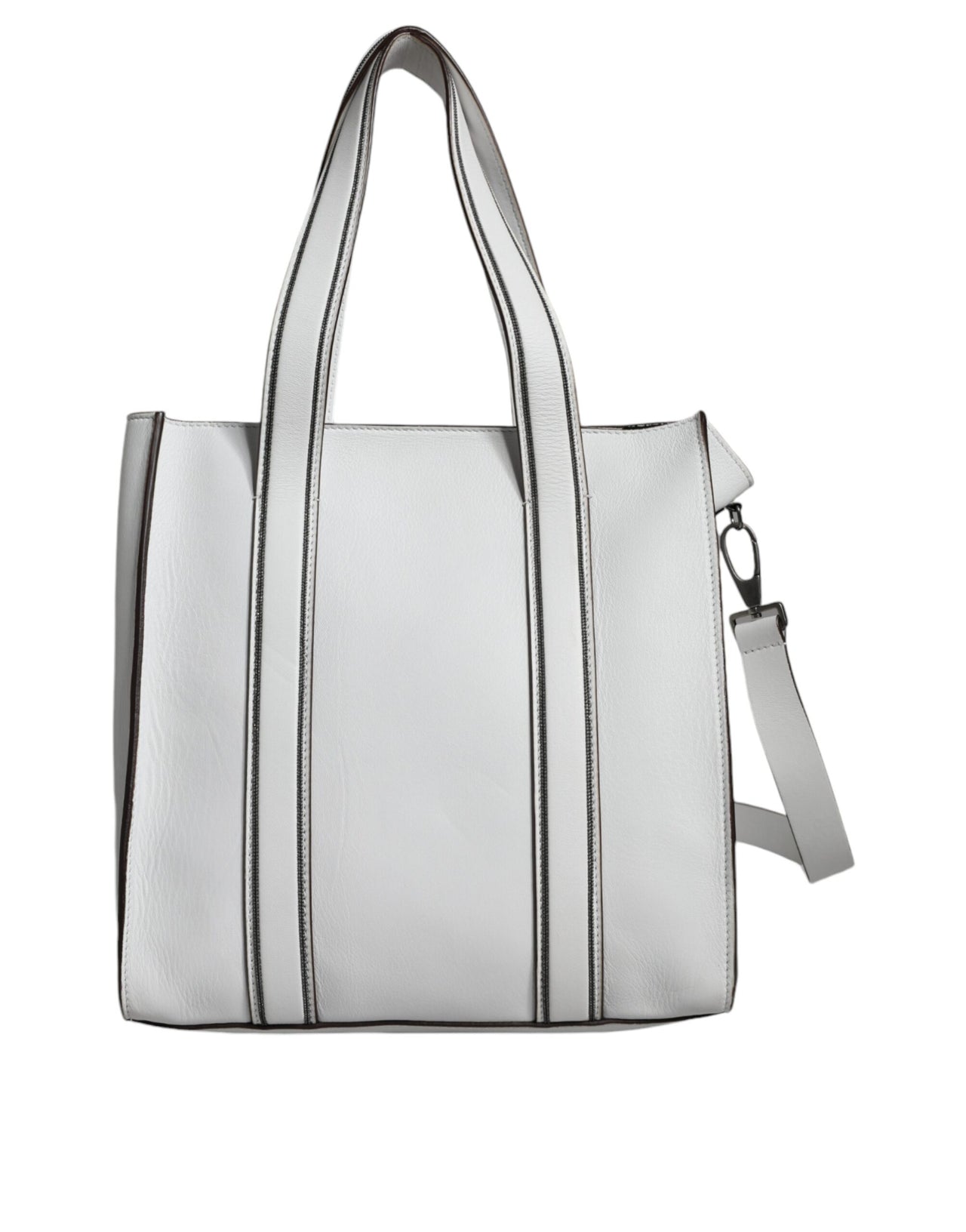 Luxour, Brunello Cucinelli White Leather Logo Shoulder Strap Shopping Tote Bag, 