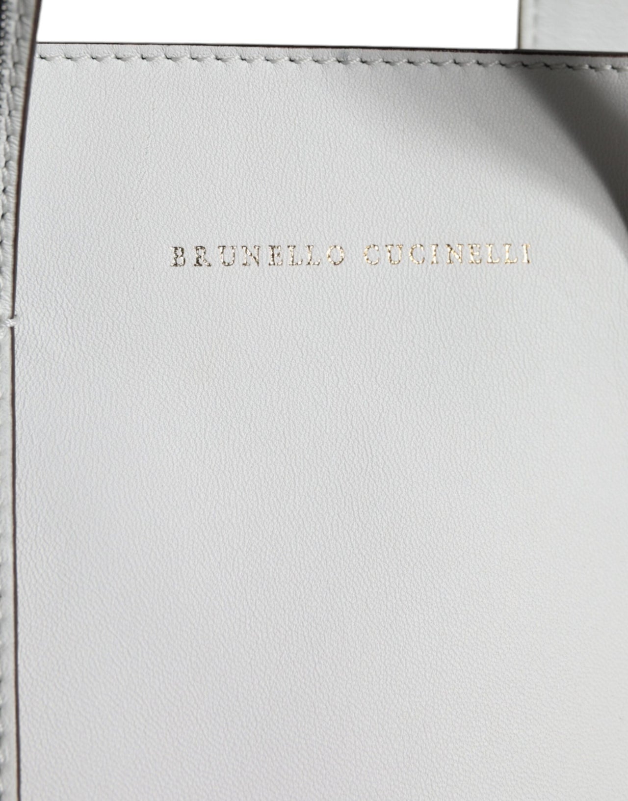 Luxour, Brunello Cucinelli White Leather Logo Shoulder Strap Shopping Tote Bag, 