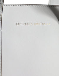 Thumbnail for Luxour, Brunello Cucinelli White Leather Logo Shoulder Strap Shopping Tote Bag, 