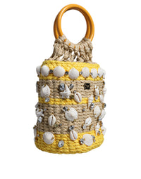 Thumbnail for Dolce & Gabbana Beige Yellow Rafia Seashells Crystal Bucket Bag