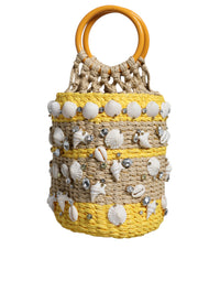 Thumbnail for Dolce & Gabbana Beige Yellow Rafia Seashells Crystal Bucket Bag