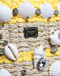 Thumbnail for Dolce & Gabbana Beige Yellow Rafia Seashells Crystal Bucket Bag