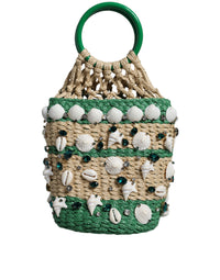 Thumbnail for Dolce & Gabbana Beige Green Rafia Seashells Crystal Bucket Bag