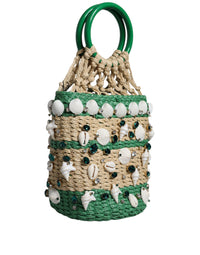 Thumbnail for Dolce & Gabbana Beige Green Rafia Seashells Crystal Bucket Bag