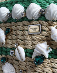 Thumbnail for Dolce & Gabbana Beige Green Rafia Seashells Crystal Bucket Bag