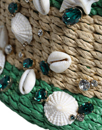 Thumbnail for Dolce & Gabbana Beige Green Rafia Seashells Crystal Bucket Bag