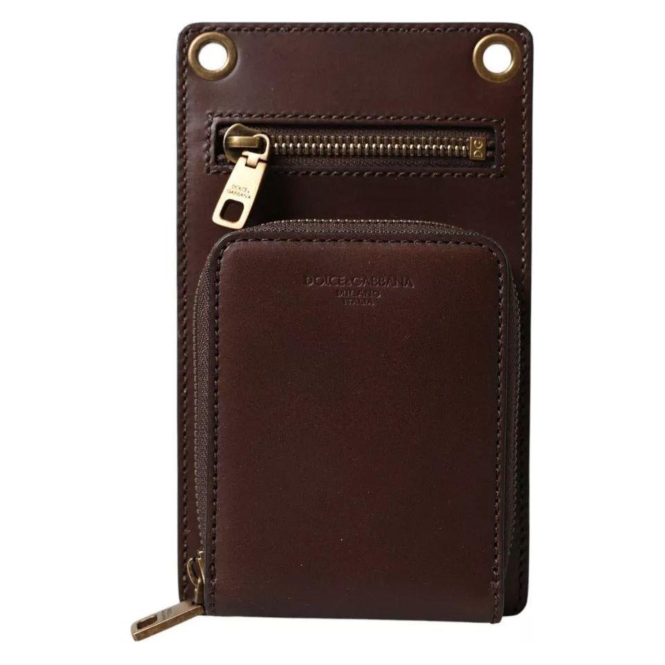 Luxour, Dolce & Gabbana Brown Calf Leather Zip Logo Shoulder Neck Strap Wallet, 