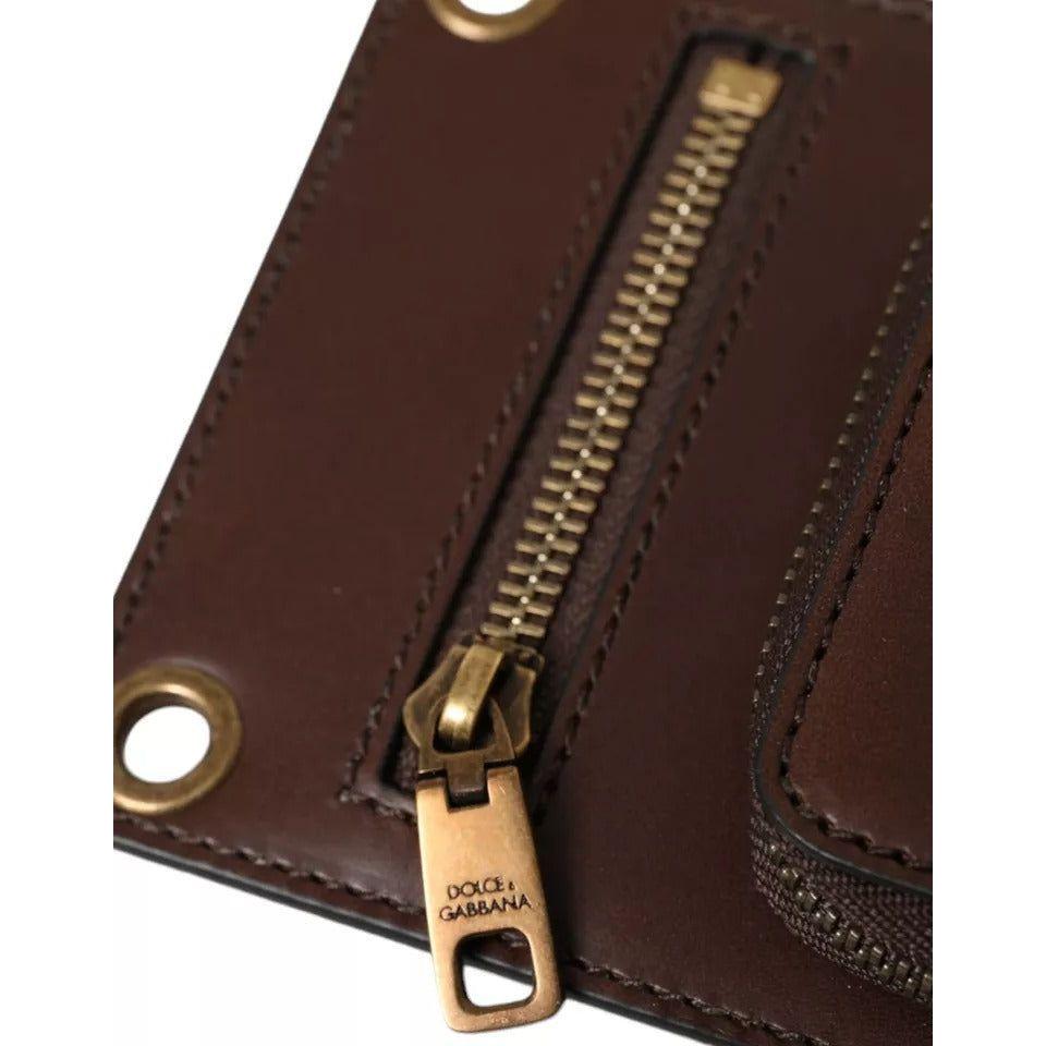 Luxour, Dolce & Gabbana Brown Calf Leather Zip Logo Shoulder Neck Strap Wallet, 