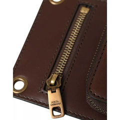 Luxour, Dolce & Gabbana Brown Calf Leather Zip Logo Shoulder Neck Strap Wallet, 