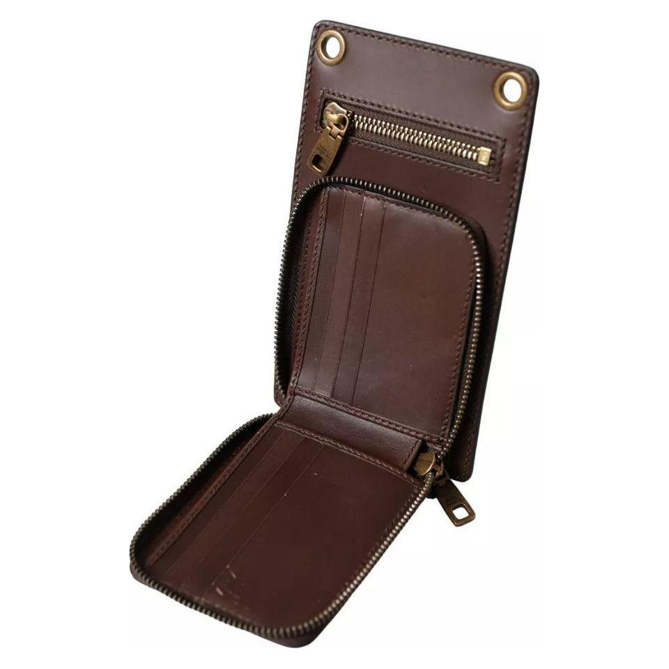 Luxour, Dolce & Gabbana Brown Calf Leather Zip Logo Shoulder Neck Strap Wallet, 