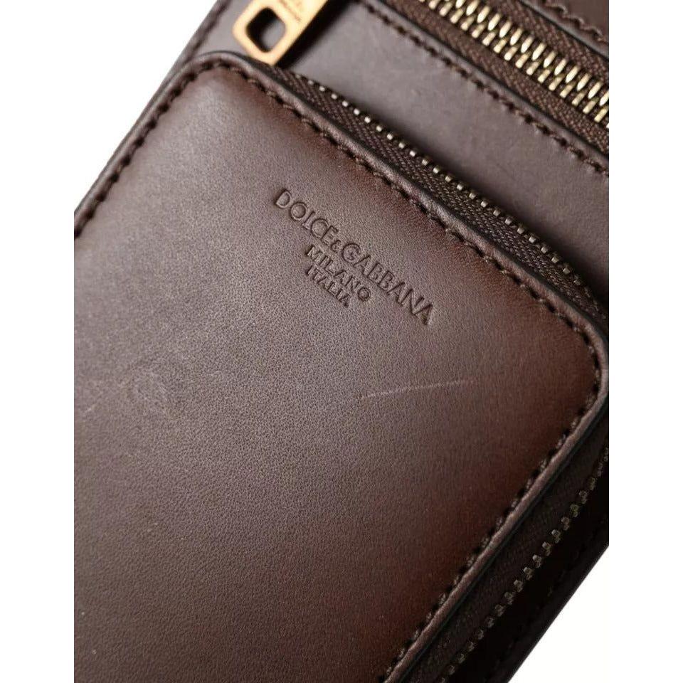 Luxour, Dolce & Gabbana Brown Calf Leather Zip Logo Shoulder Neck Strap Wallet, 