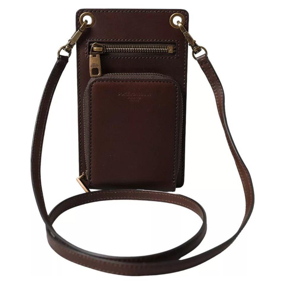 Luxour, Dolce & Gabbana Brown Calf Leather Zip Logo Shoulder Neck Strap Wallet, 