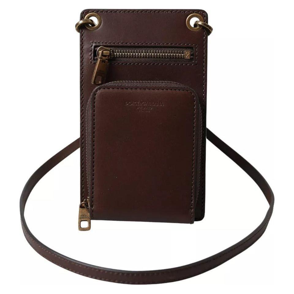 Luxour, Dolce & Gabbana Brown Calf Leather Zip Logo Shoulder Neck Strap Wallet, 