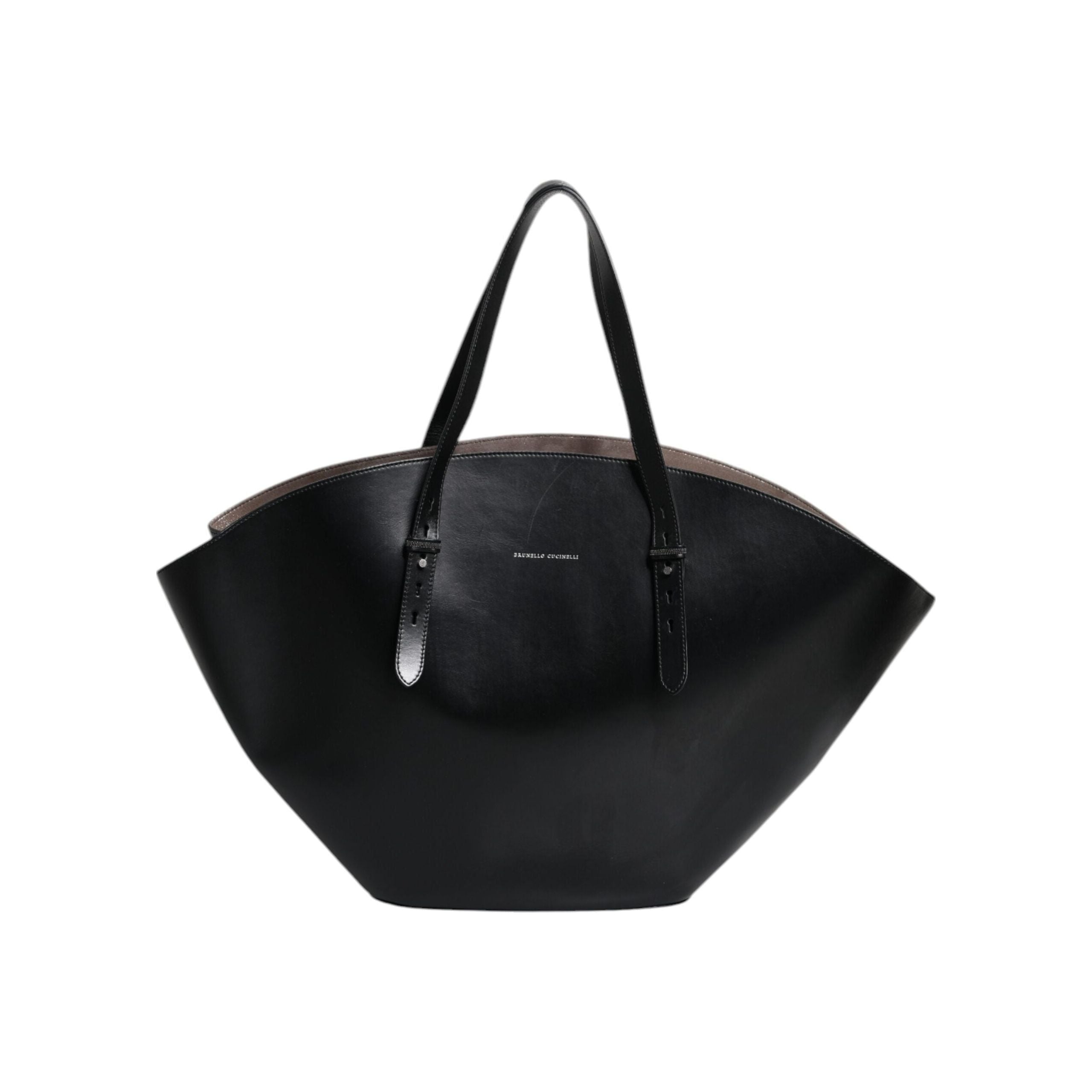 Luxour, Brunello Cucinelli Black Leather Logo Shoulder Strap Shopping Tote Bag, 