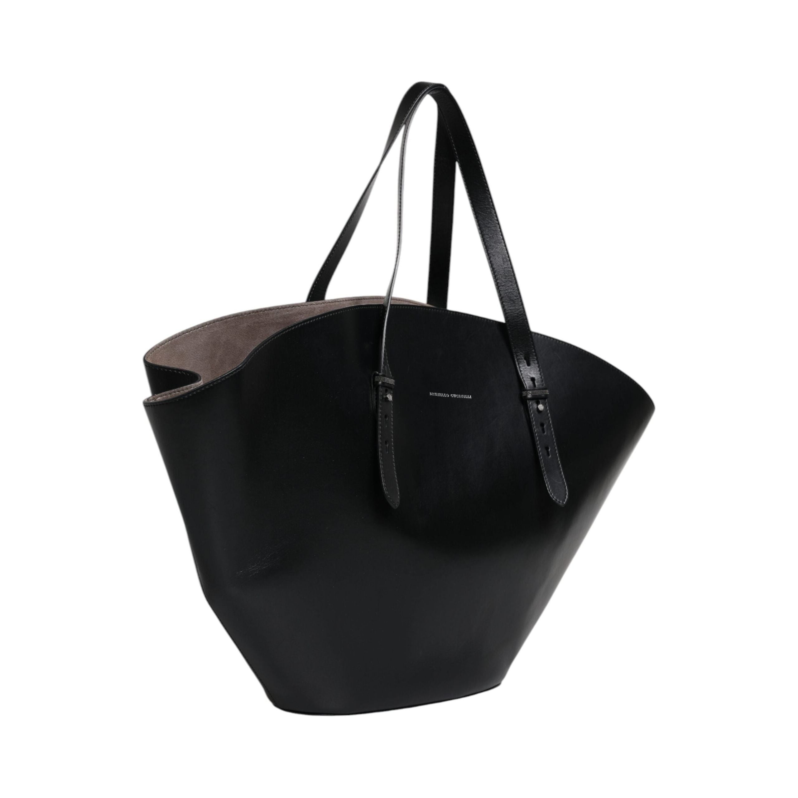 Luxour, Brunello Cucinelli Black Leather Logo Shoulder Strap Shopping Tote Bag, 