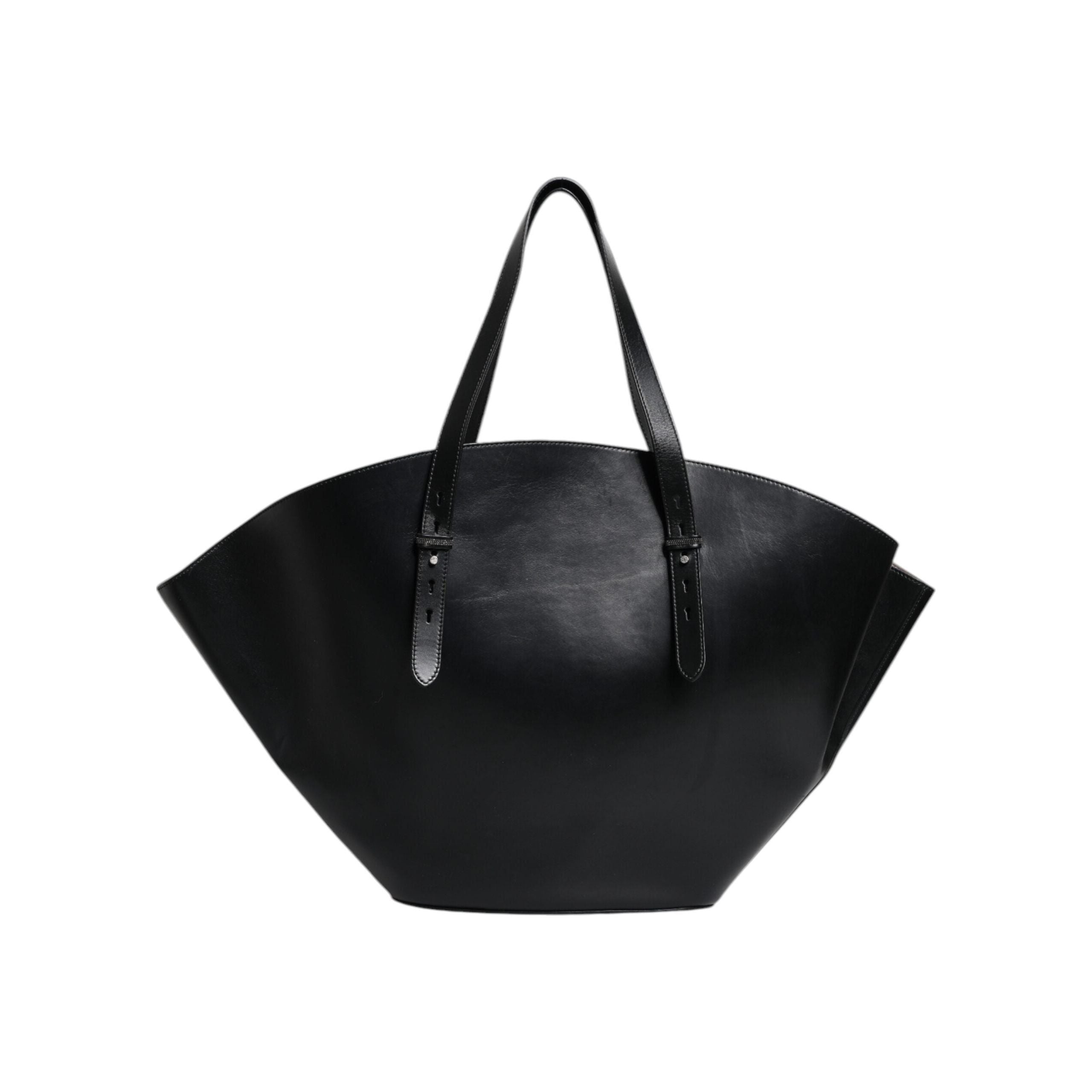 Luxour, Brunello Cucinelli Black Leather Logo Shoulder Strap Shopping Tote Bag, 