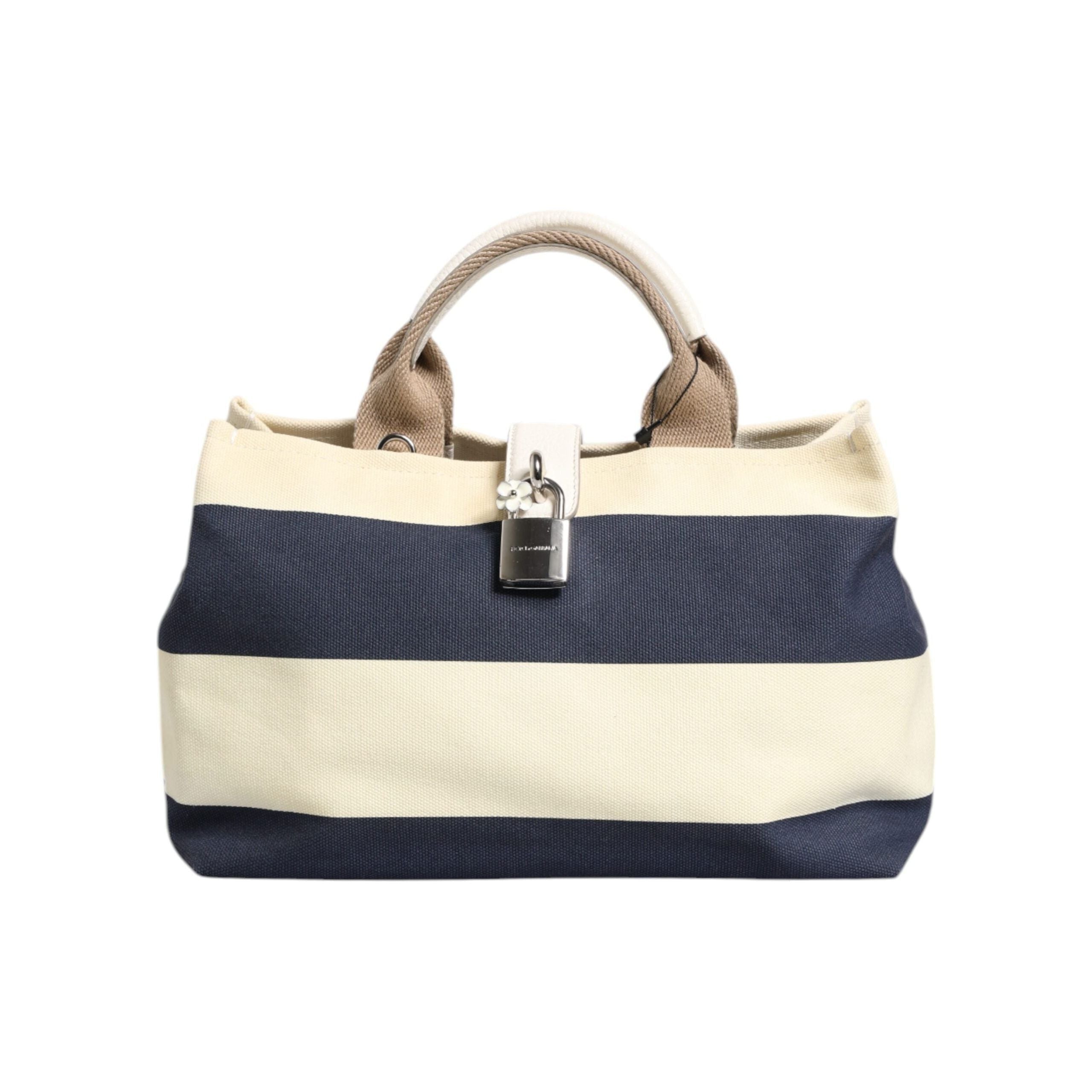 Luxour, Dolce & Gabbana White Navy Striped Canvas Top Handle Tote Bag, 