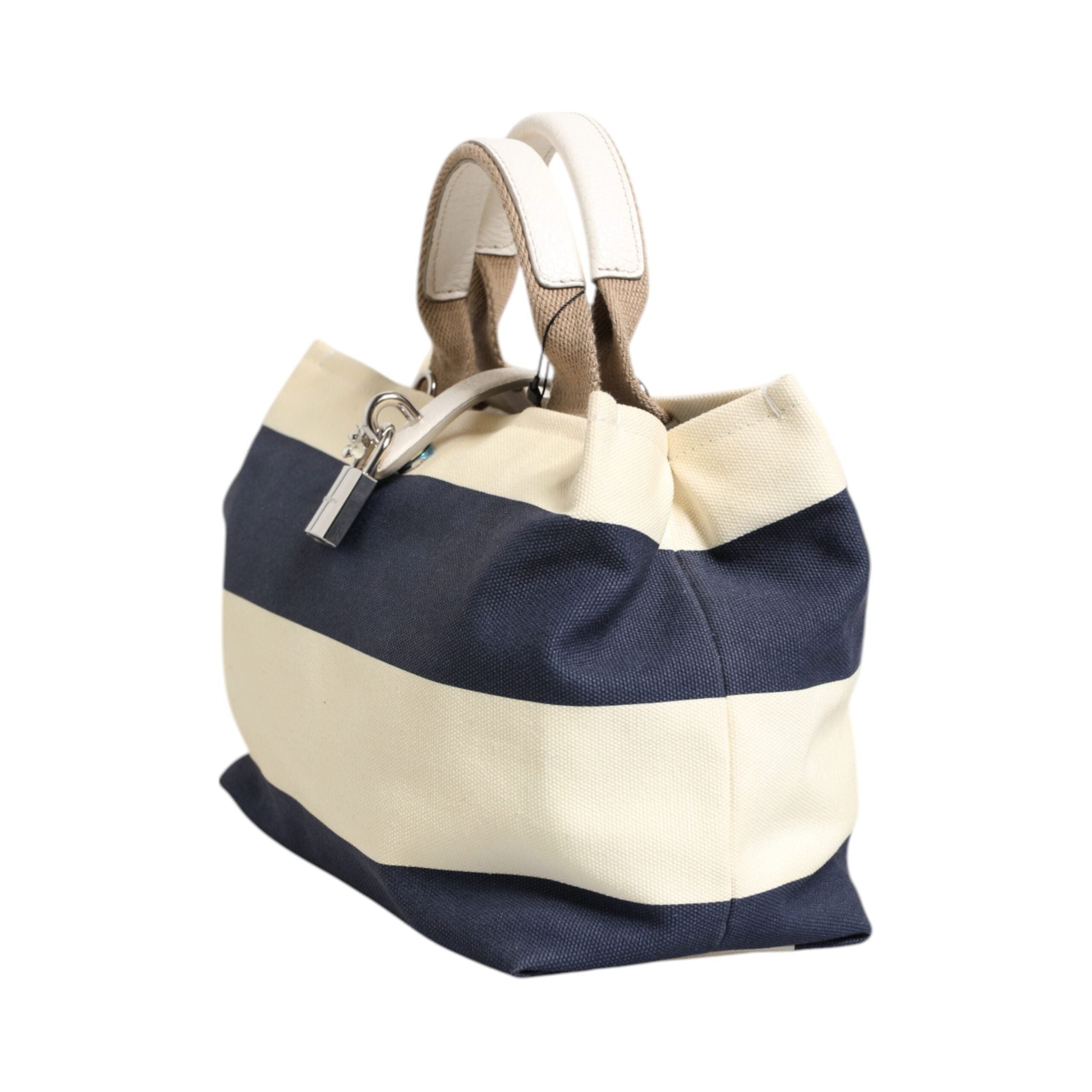 Luxour, Dolce & Gabbana White Navy Striped Canvas Top Handle Tote Bag, 