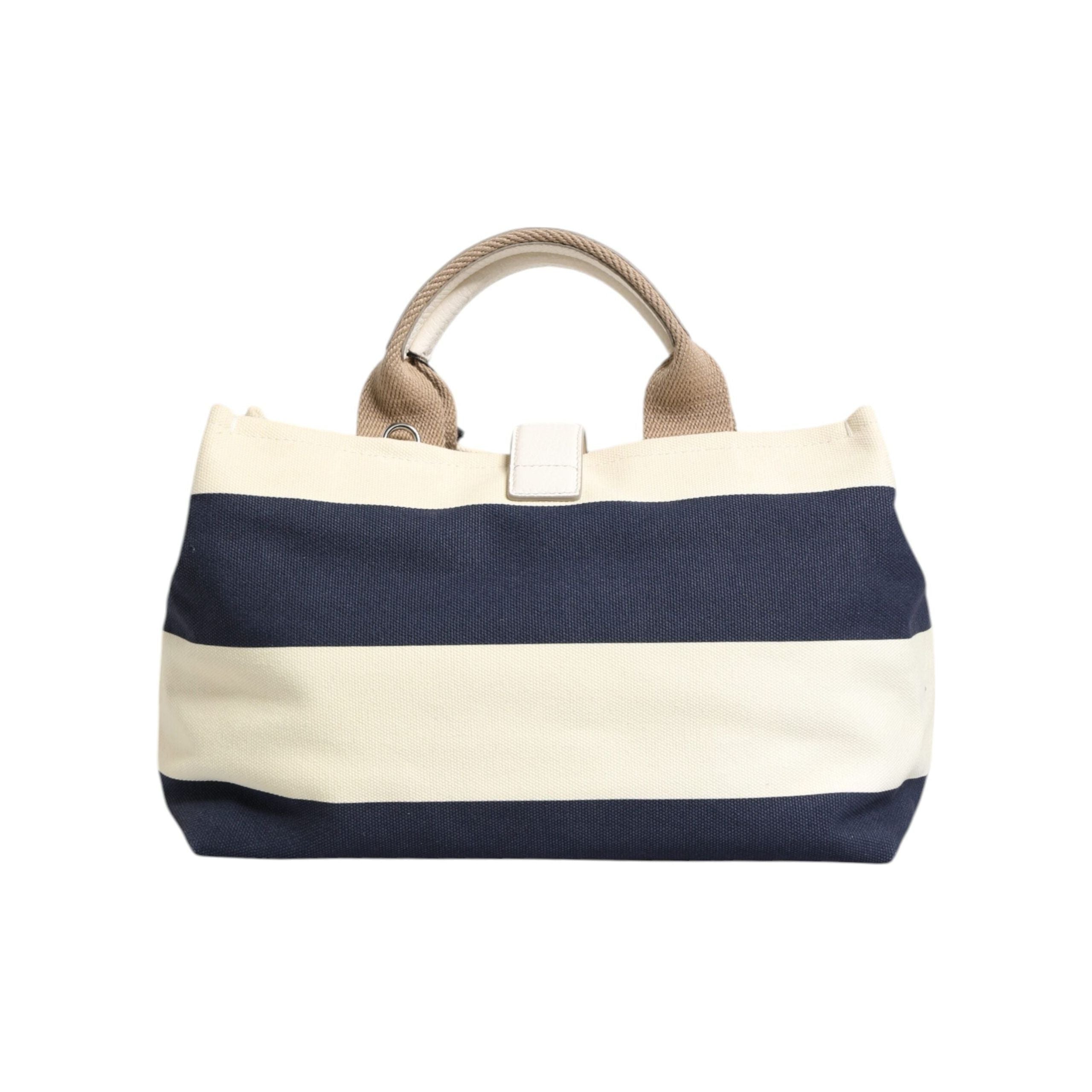 Luxour, Dolce & Gabbana White Navy Striped Canvas Top Handle Tote Bag, 