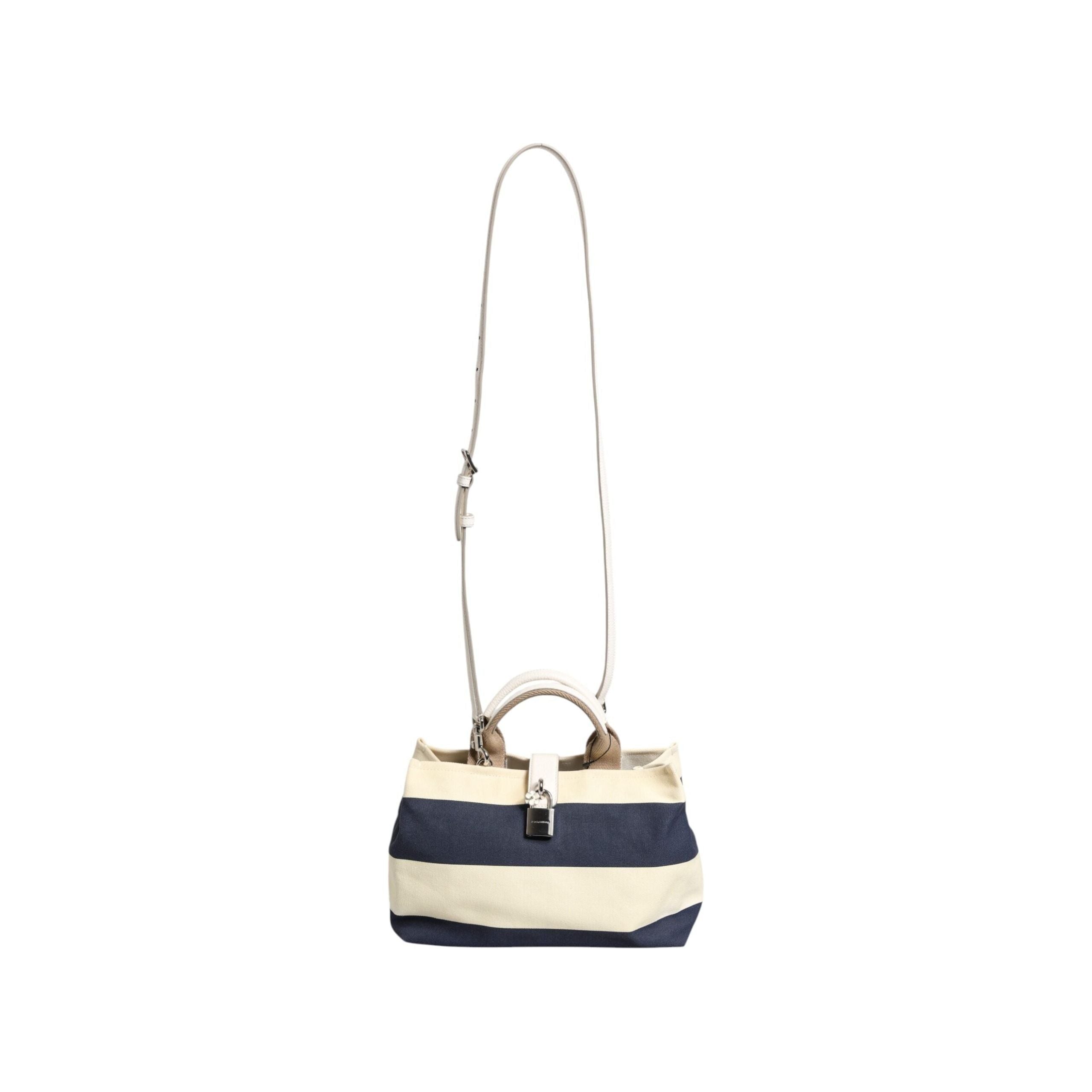 Luxour, Dolce & Gabbana White Navy Striped Canvas Top Handle Tote Bag, 