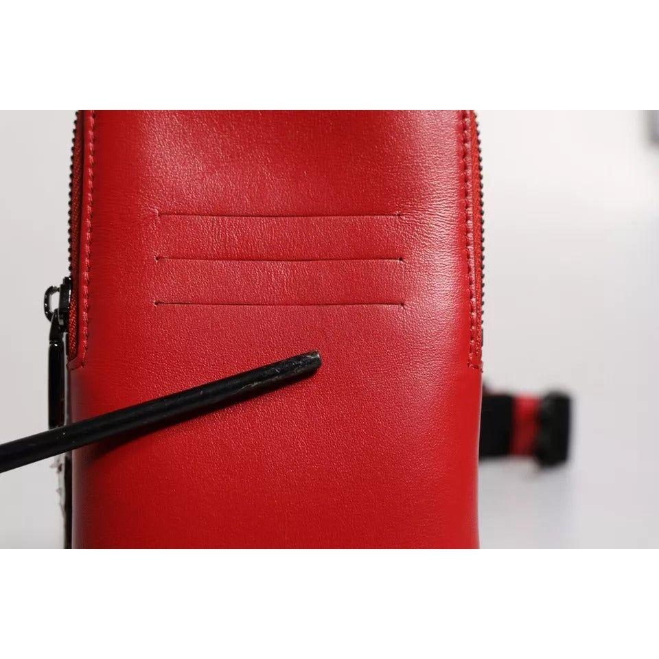 Luxour, Dolce & Gabbana Red Leather Logo Zip Around Card Holder Wide Strap Wallet, 