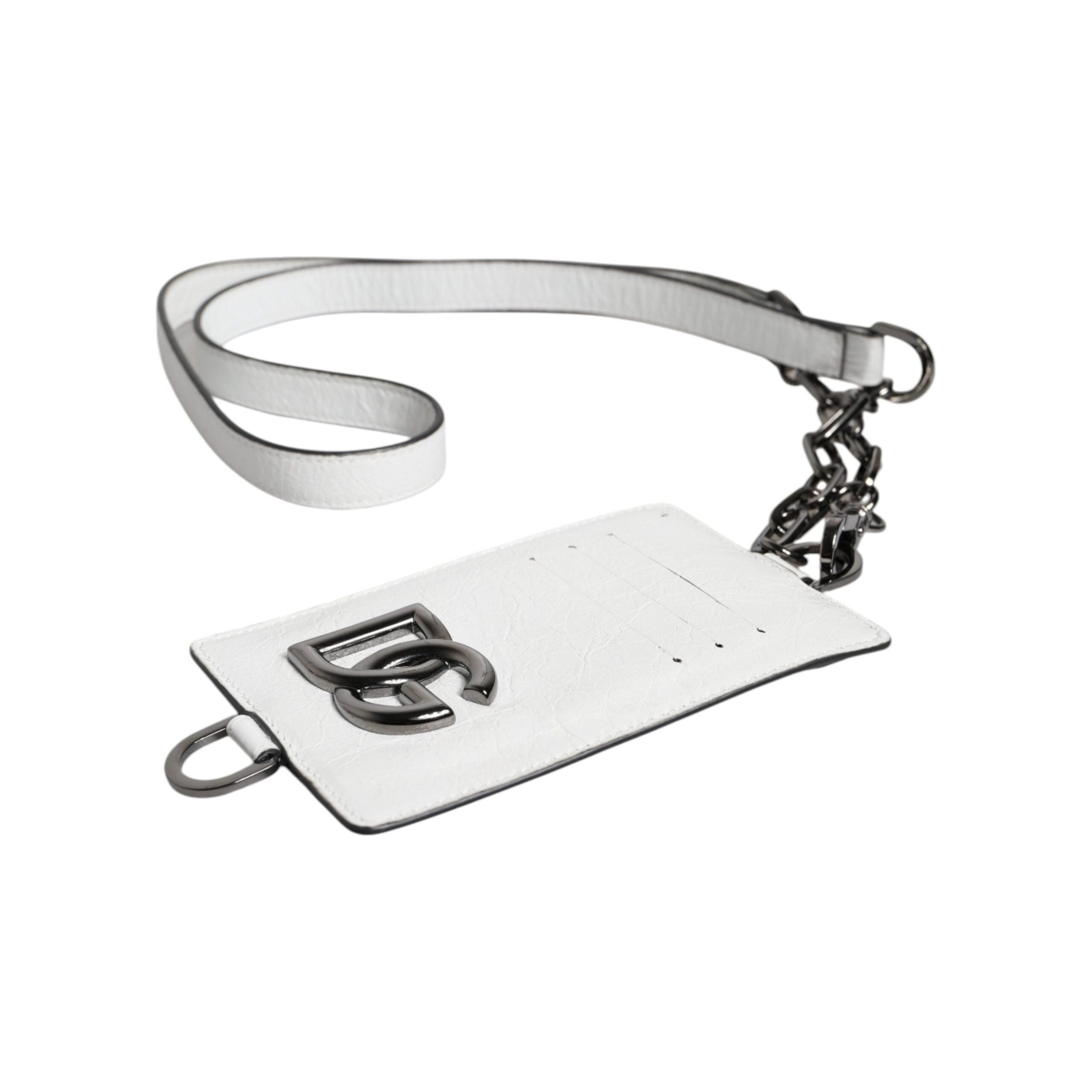 Luxour, Dolce & Gabbana White Calf Leather Lanyard Logo Card Holder Wallet, 