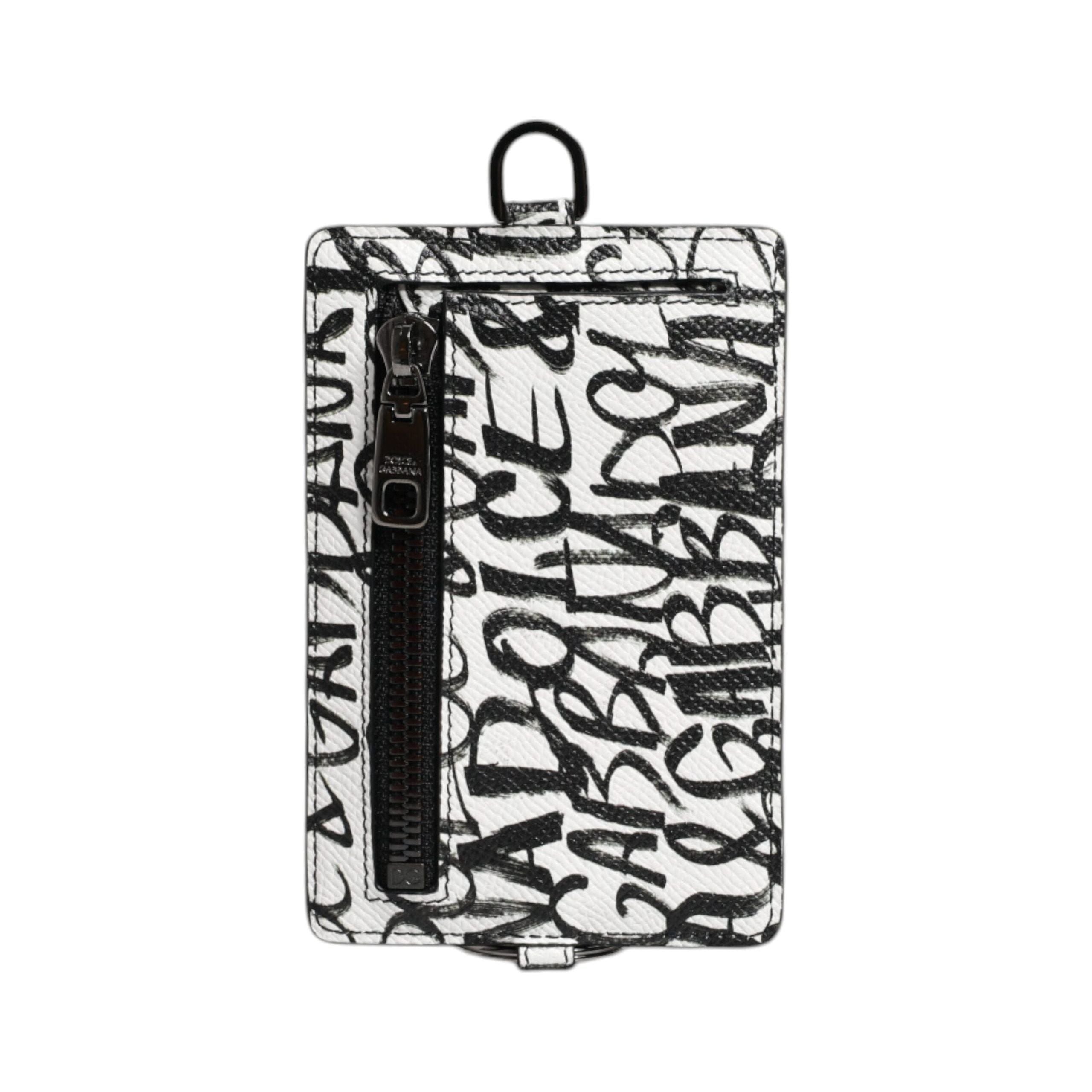 Luxour, Dolce & Gabbana White Leather Lanyard Logo Print Card Holder Wallet, 