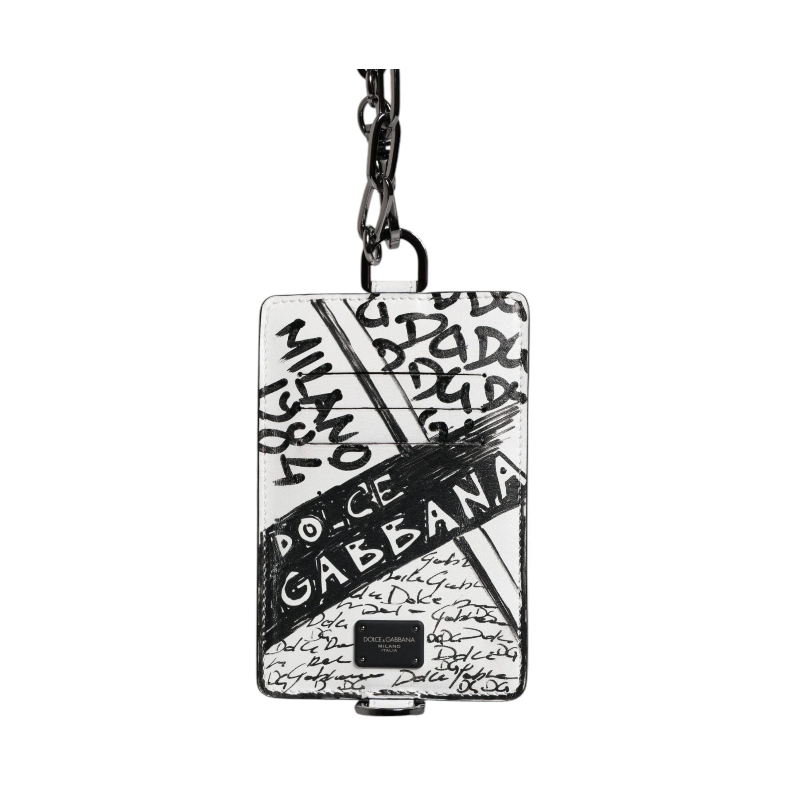 Luxour, Dolce & Gabbana White Leather Lanyard Graffiti Print Card Holder Wallet, 