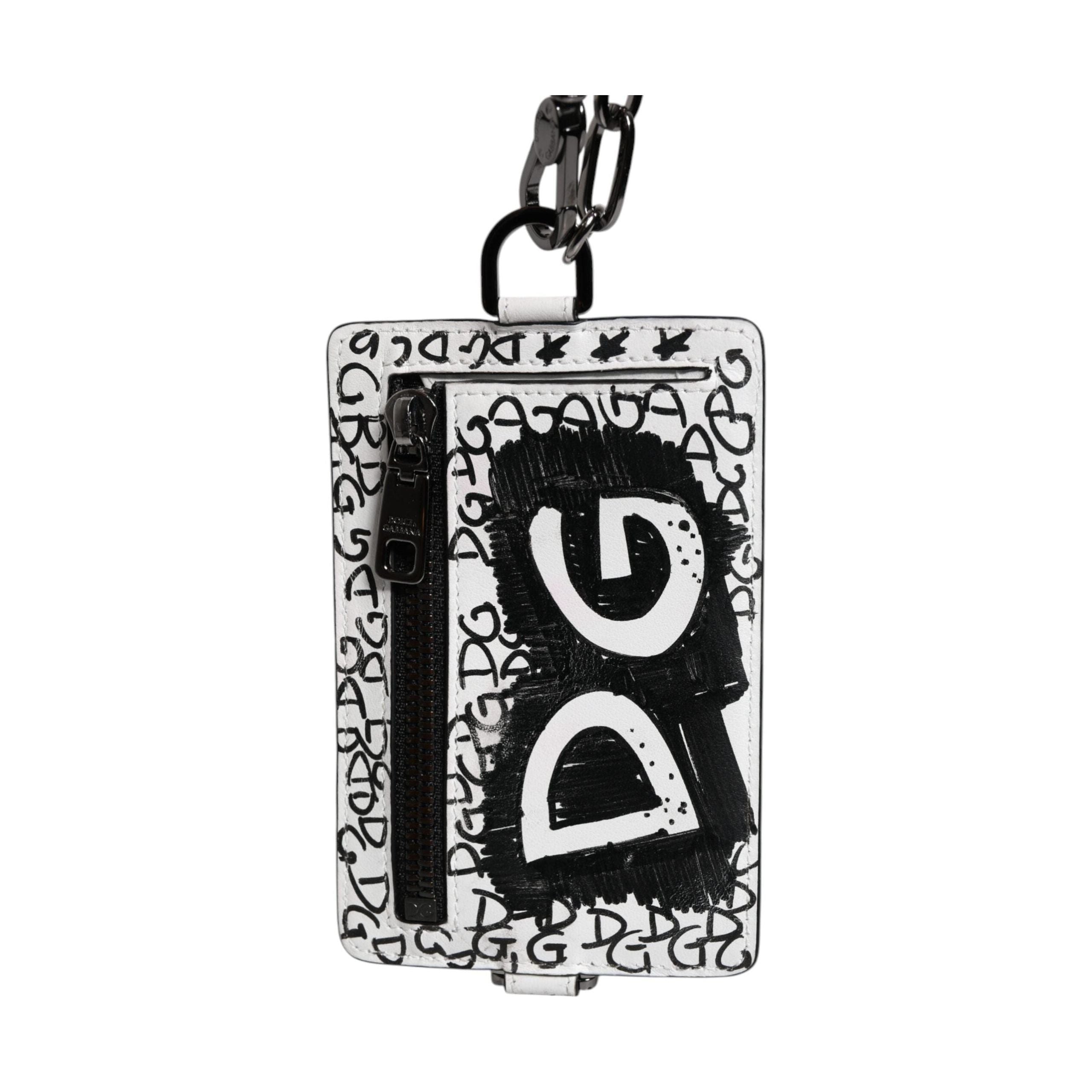 Luxour, Dolce & Gabbana White Leather Lanyard Graffiti Print Card Holder Wallet, 