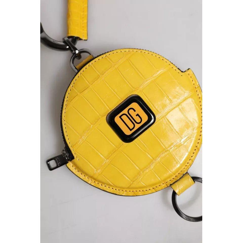 Luxour, Dolce & Gabbana Yellow Round Leather DG Logo Coin Purse Lanyard Wallet, 