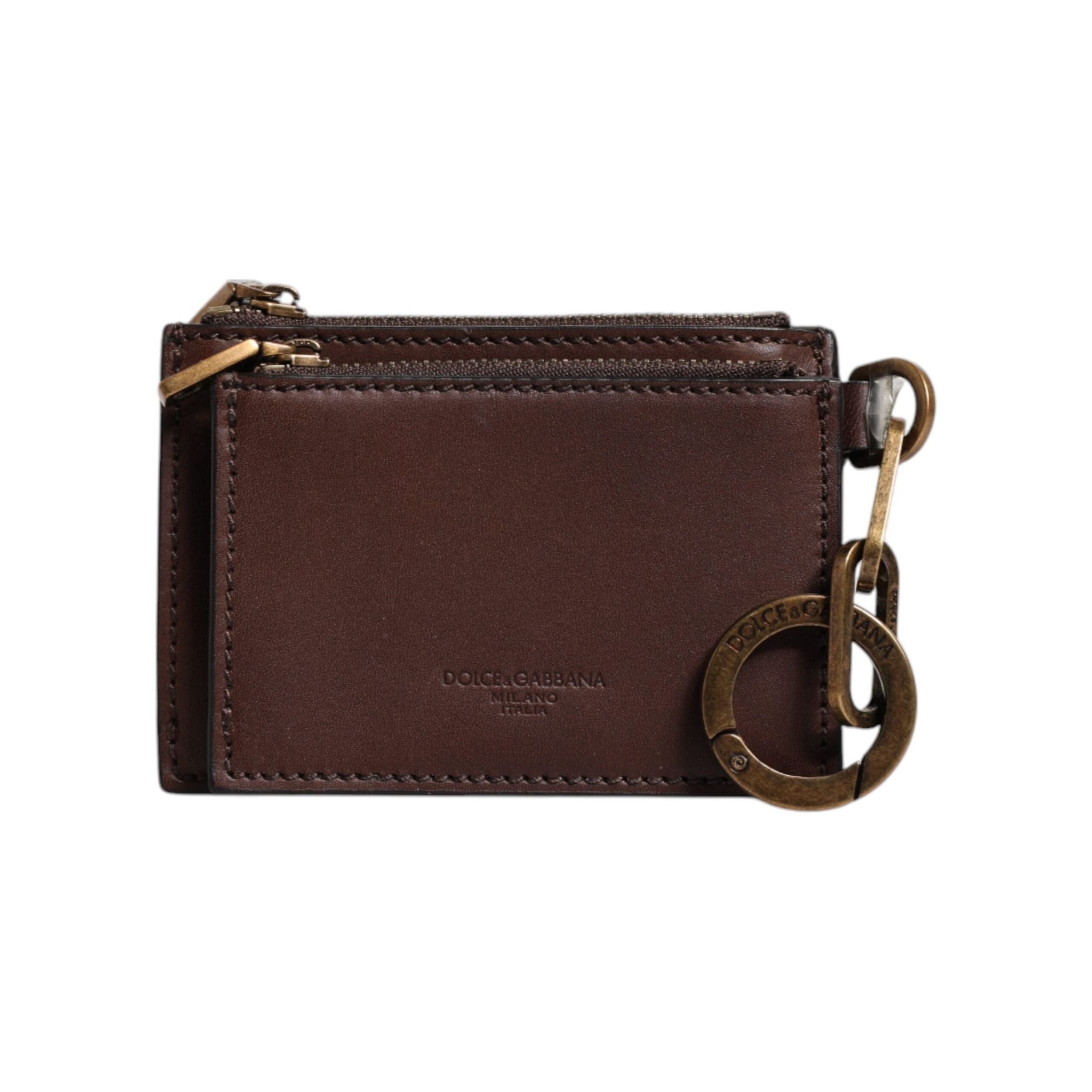 Luxour, Dolce & Gabbana Brown Leather Zip Logo Keyring Coin Purse Keyring Wallet, 