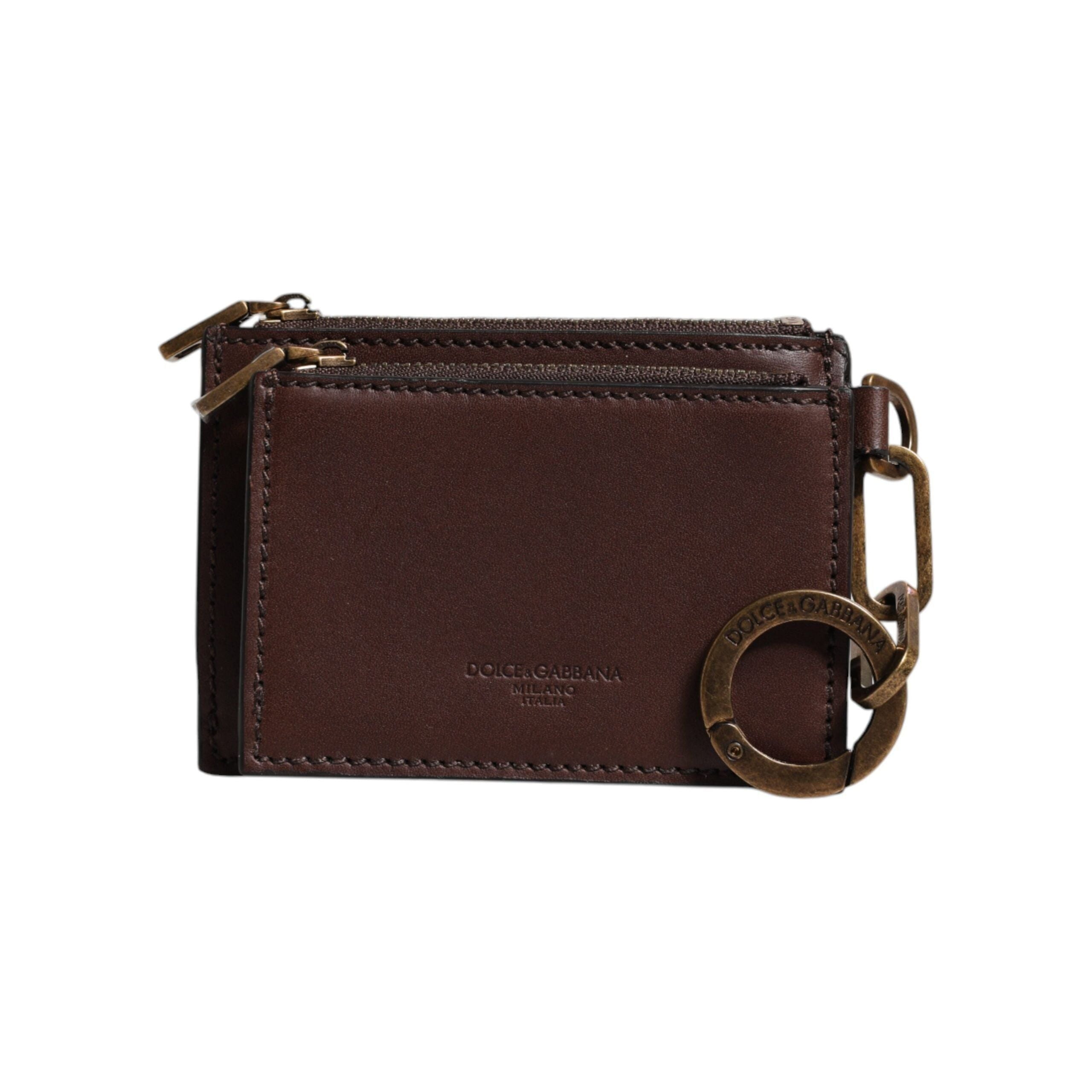 Luxour, Dolce & Gabbana Brown Leather Zip Logo Keyring Coin Purse Keyring Wallet, 