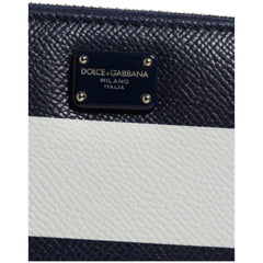 Luxour, Dolce & Gabbana White Blue Striped Leather Zip Around Continental Wallet, 