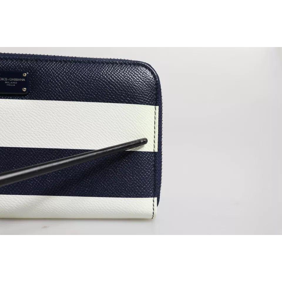 Luxour, Dolce & Gabbana White Blue Striped Leather Zip Around Continental Wallet, 