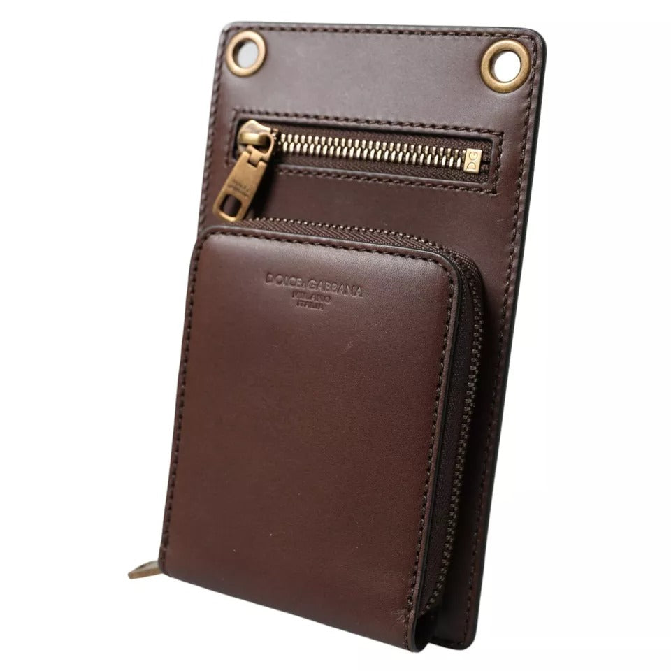 Luxour, Dolce & Gabbana Brown Calf Leather Zip Logo Shoulder Neck Strap Wallet, 