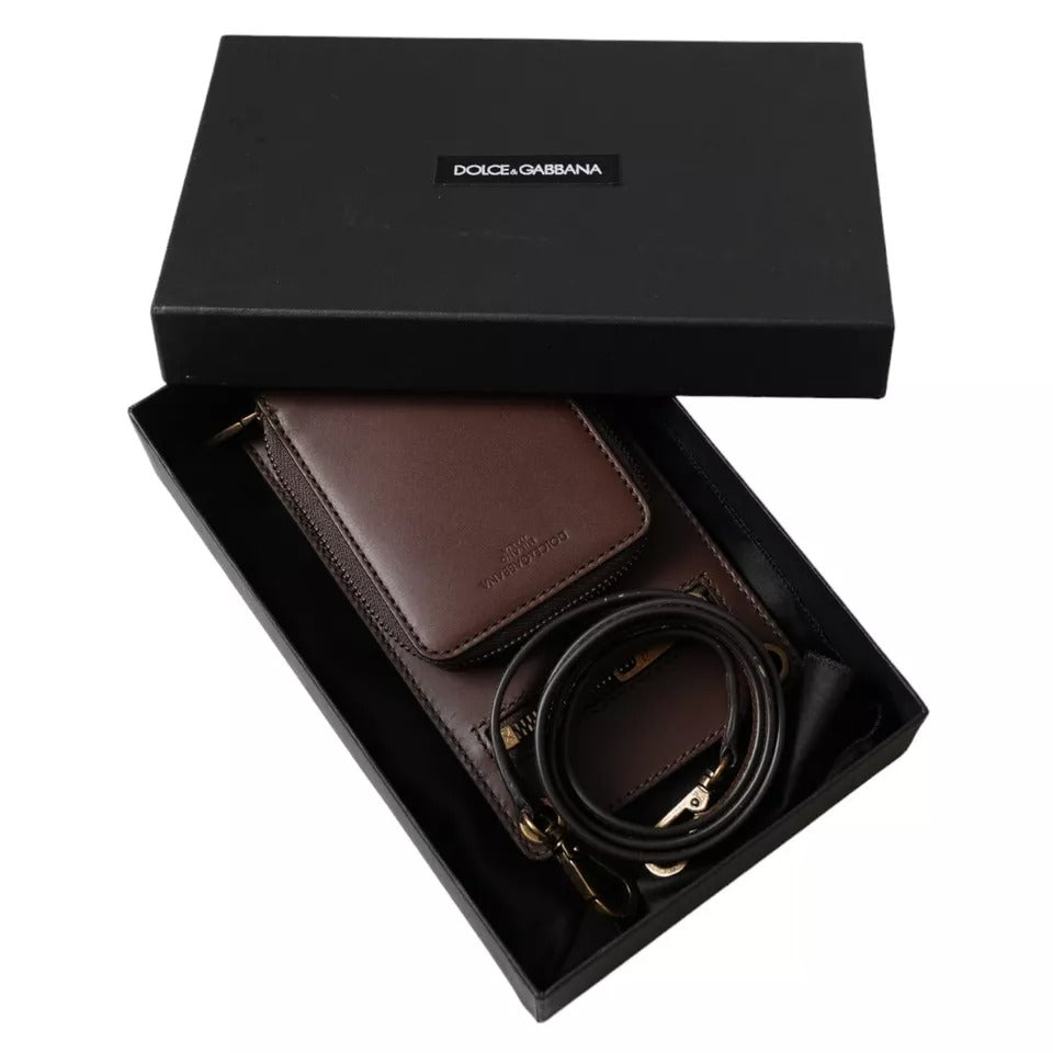 Luxour, Dolce & Gabbana Brown Calf Leather Zip Logo Shoulder Neck Strap Wallet, 