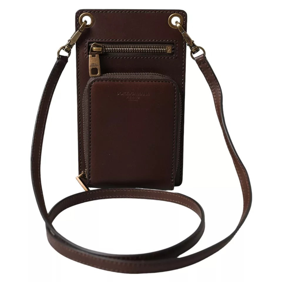 Luxour, Dolce & Gabbana Brown Calf Leather Zip Logo Shoulder Neck Strap Wallet, 