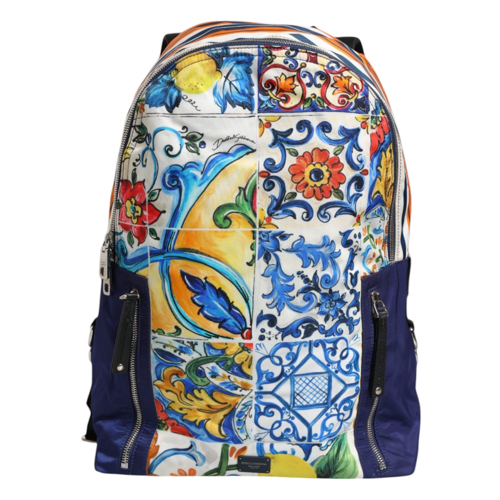 Luxour, Dolce & Gabbana Multicolor Majolica Print Nylon School Backpack Bag, 