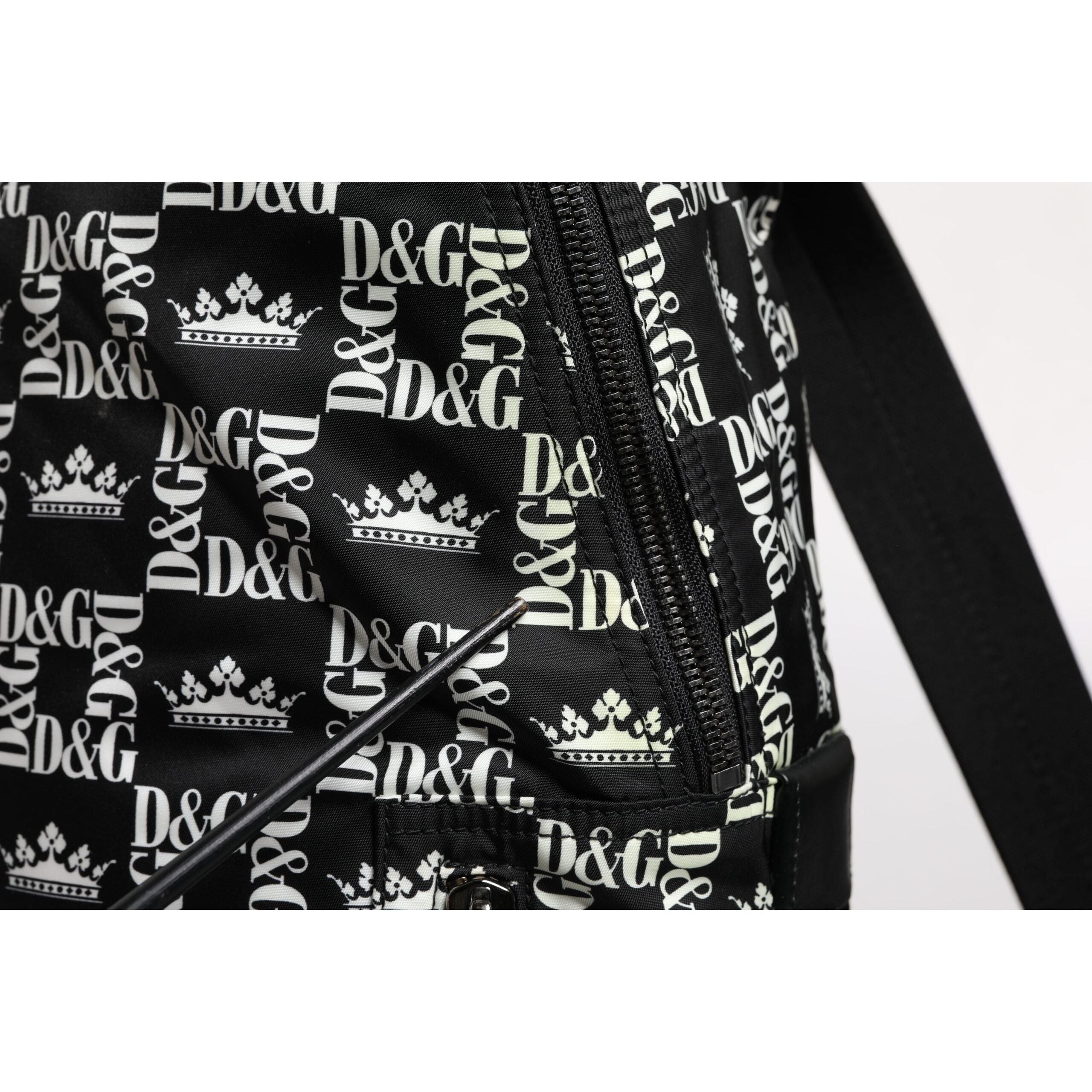 Luxour, Dolce & Gabbana Black White Crown Printed Nylon School Backpack Bag, 