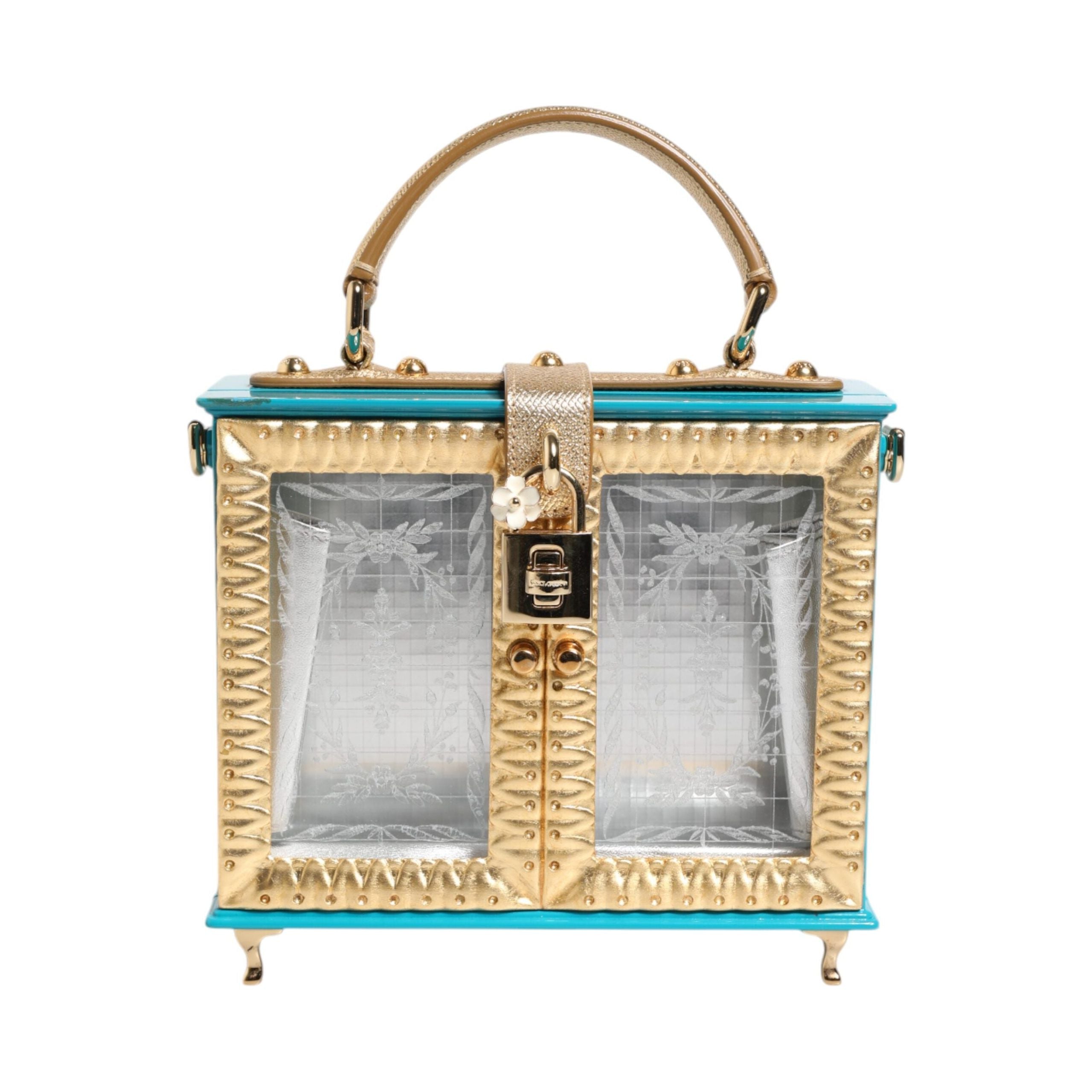 Luxour, Dolce & Gabbana Turquoise Gold Acrylic Leather Miss Dolce Top Handle Bag, 