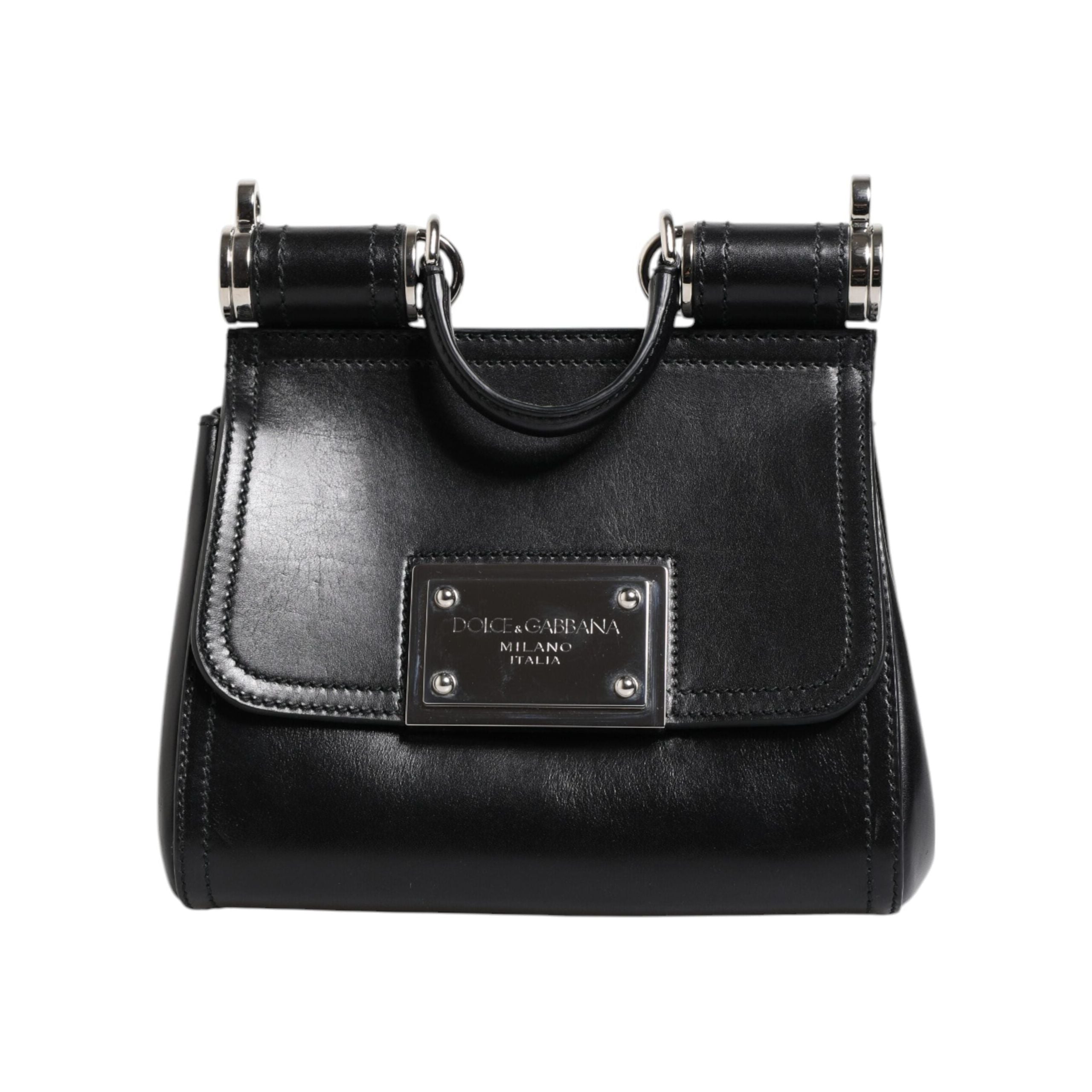 Luxour, Dolce & Gabbana Black Calfskin Leather SICILY Logo Plaque Top Handle Bag, 