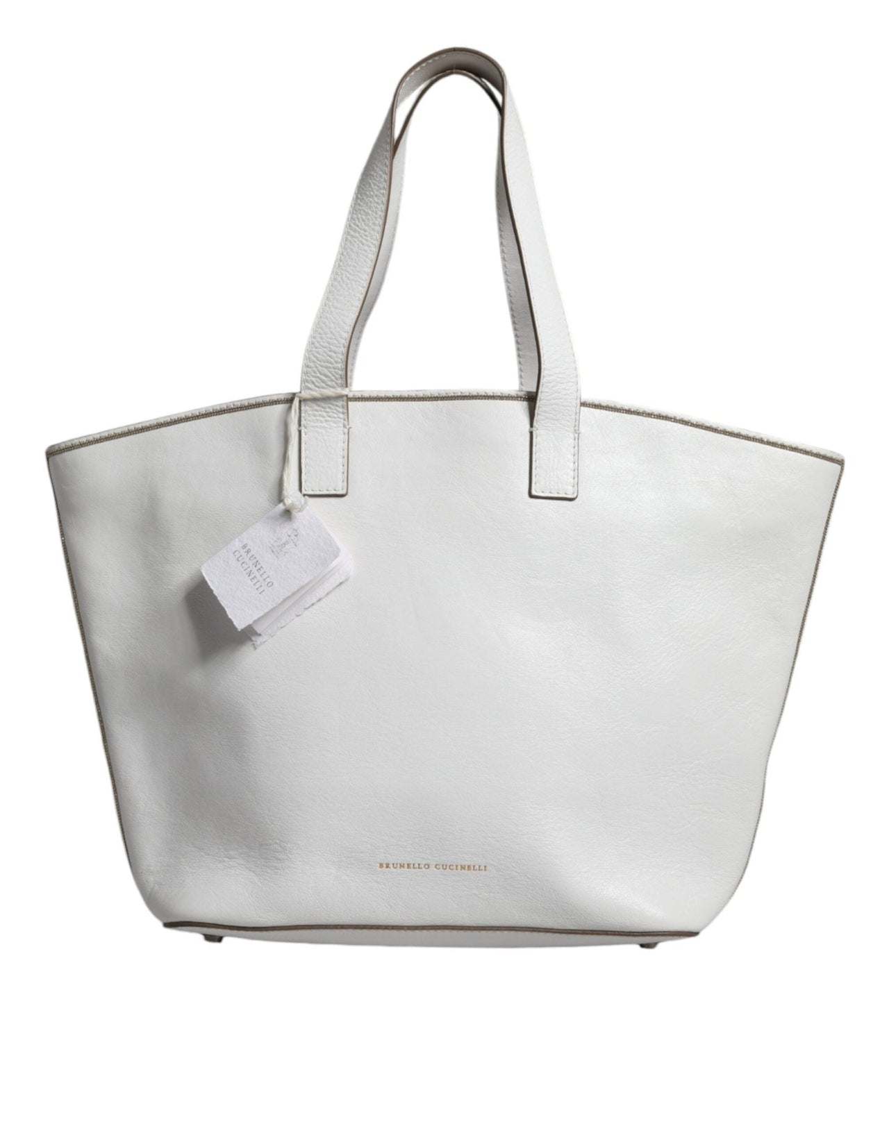 Luxour, Brunello Cucinelli White Leather Logo Shoulder Strap Shopping Tote Bag, 