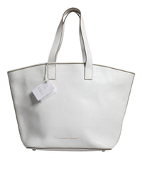 Thumbnail for Luxour, Brunello Cucinelli White Leather Logo Shoulder Strap Shopping Tote Bag, 